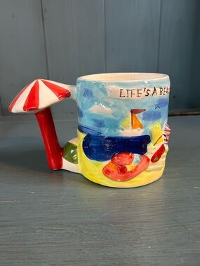 Vtg 04 Life's a Beach Ceramic Mug with Umbrella Handle - Multicolor “Nantucket”